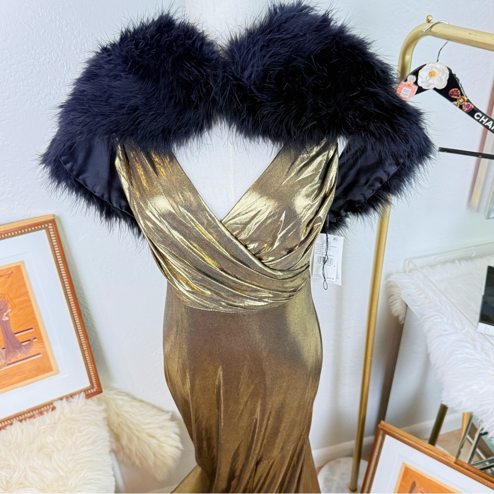 NWT Aidan Mattox Gold‎ Metallic Foiled V-Neck Evening Gown 2 Lame Glam Luxury - Picture 7 of 16